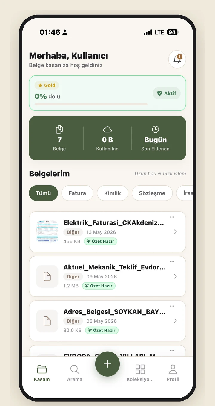 DocuVault mobil uygulama arayüzü