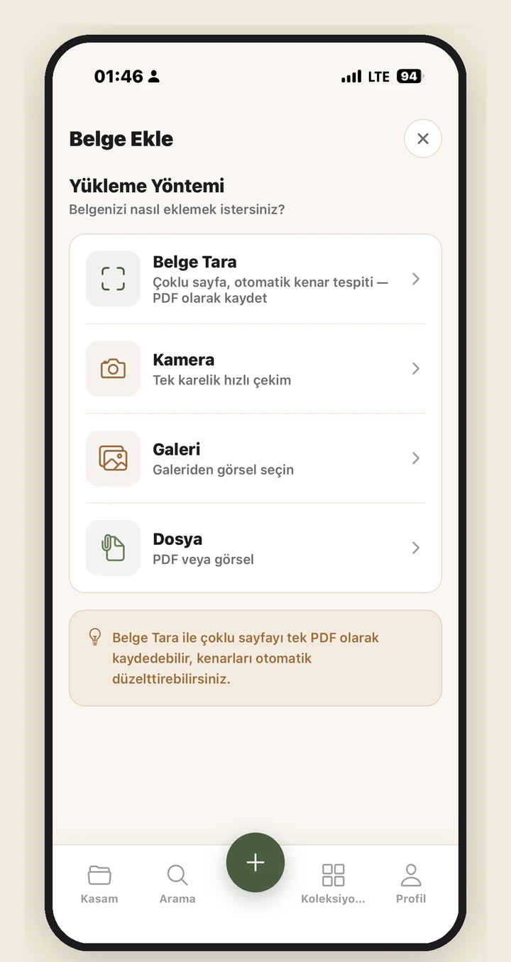 Belge tarama ve yükleme ekranı